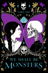 Black background. A butterfly type outline is a frame for a young woman with braids in one wing and a skeleton in the other wing. The wings are purple. There are two more skulls one above and one below the butterfly. There are flowers and butterflies scattered above.